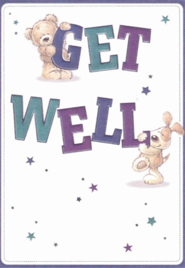 This illustrated get well card is a heartfelt celebration of gentle encouragement, woven together by the playful companionship of a bear and a puppy. Dancing stars circle them, scattering celestial wishes across the creamy background, reminiscent of Bromley Common's tranquil evening skies. The typography, shaded in vibrant purples and refreshing aquas, stands bold-its cheerful confidence anchored by the animals' plush, expressive features. The bear's fluffy texture and the puppy's soft, velvety ears are rendered so vividly, one can almost feel their comforting touch, as if wrapped in a cozy jumper during Bromley Common's brisk mornings. There's an intentional, artistic delicacy to every detail, just as one finds in a bespoke arrangement by Bromley Common Flowers, each element placed to soothe and uplift. The whimsical composition and gentle palette extend an invitation to hope-perfect to accompany a bouquet brimming with lilies, carnations, or roses for local delivery. The mood is light and uplifting, offering gentle assurance to young and old alike and reminding us of the power of simple, sincere gestures in bringing the community together-even when physical distance keeps us apart.